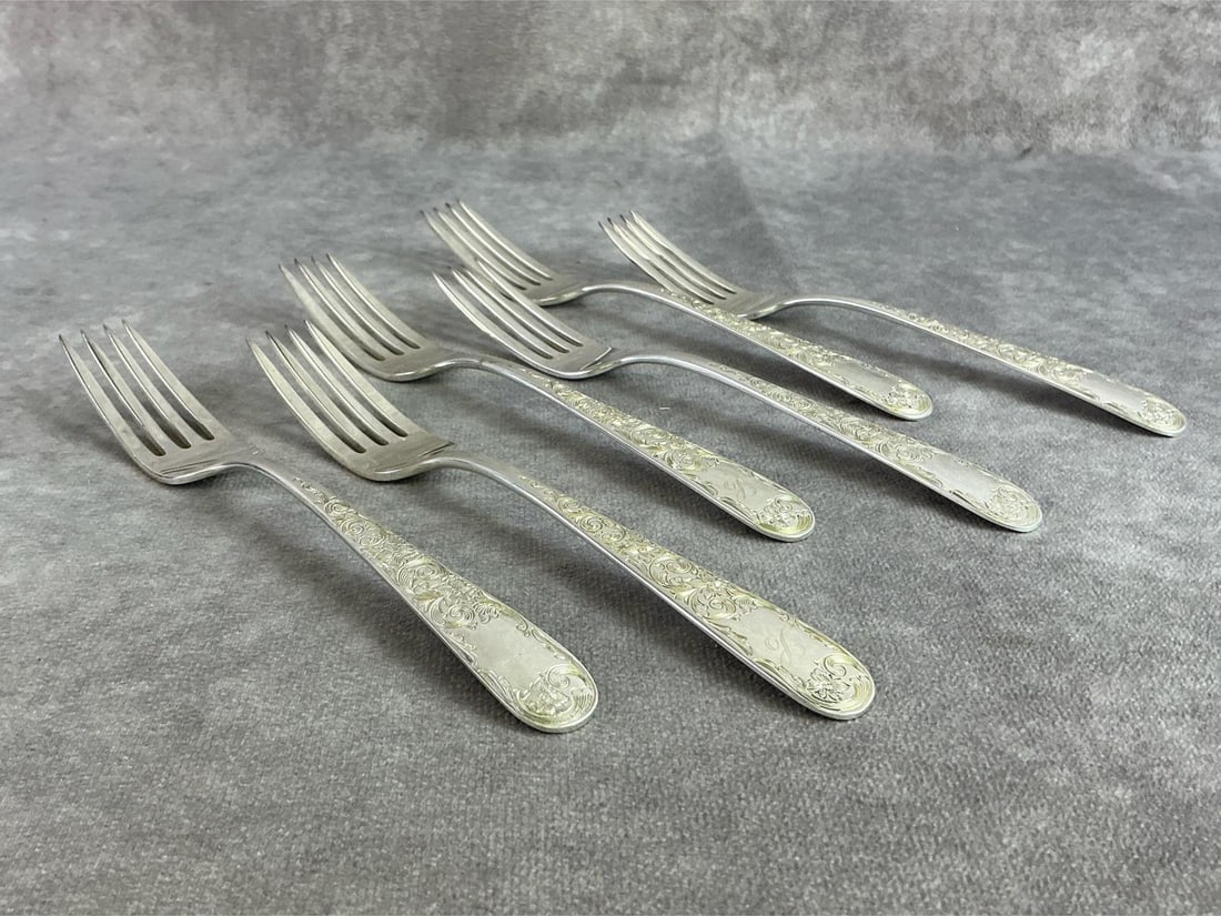 Sterling Salad Forks: Six sterling silver salad forks made by S Kirk and Son. All in good condition, stamped with oxidation present. Total weight 10.76 ozt.