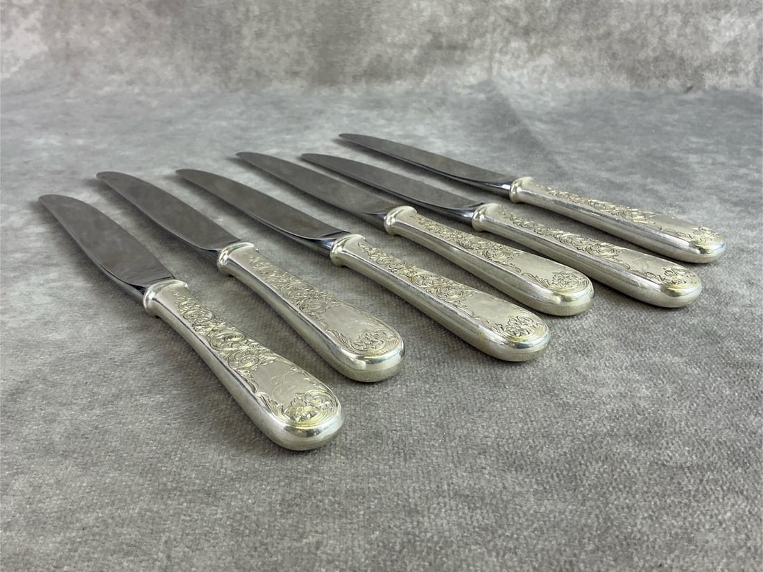 Sterling Butter Knives: Six sterling silver butter knives made by Kirk, handle sterling and blade stainless. All in good condition, stamped with oxidation present. Total weight 13.75 ozt.