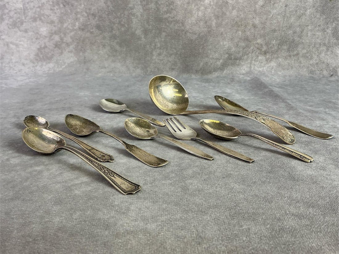 Assorted Sterling Silver: Nine Sterling silver kitchen utensils. All in good condition with oxidation present and stamped except one but scratched tested. Total weight 5.92 ozt.