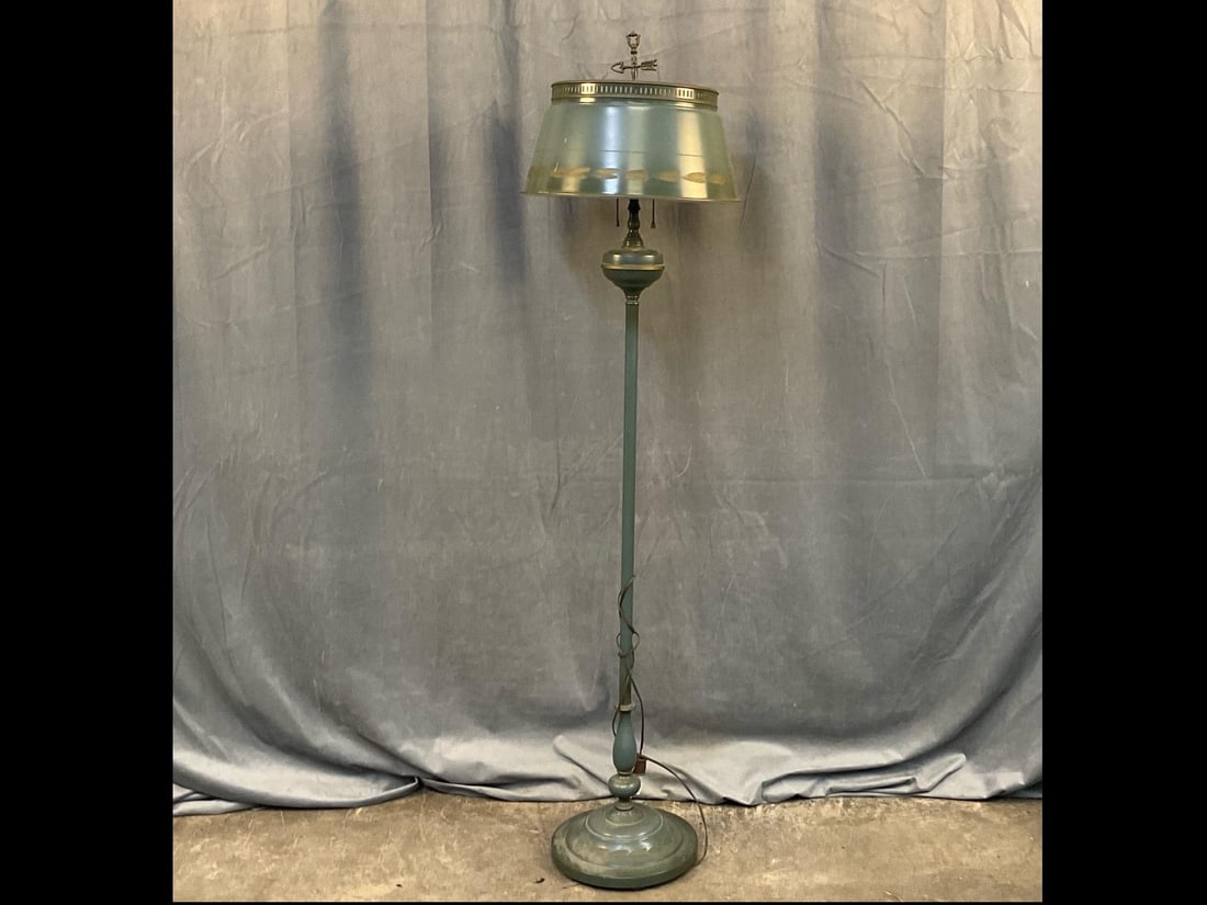 Tole Lamp: Mid-19th century Green Tole Floor Lamp with stenciled shade and arrow finial. Works, good condition. Shade measures 12 inches in diameter x 57 inches total height.