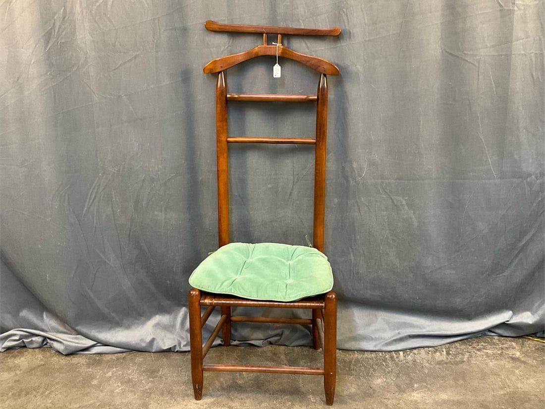 Valet Chair: Mid-20th Century Maple Valet Chair with cushion and woven splint ash seat. Several small breaks to seat, and top wooden bar needs glueing, otherwise good condition. Measures 19 inches wide x 15.5 x