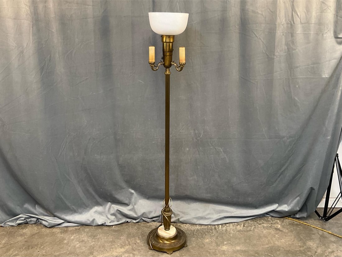 Floor Lamp: Early 20th century Brass Floor Lamp with marble base, four lights and milk glass shade. Good condition. Measures 10.5 inches in diameter x 60.5 inches tall.