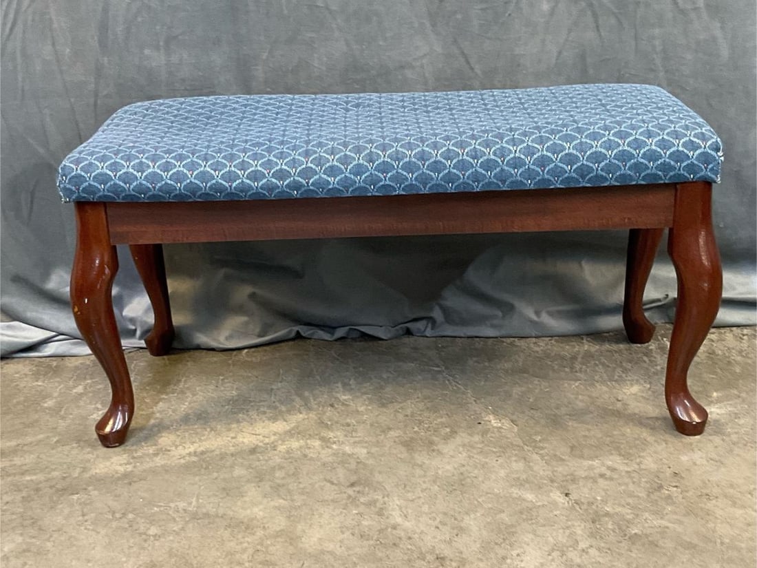 Queen Anne Bench: Late 20th century Queen Anne Style Upholstered Bench. Good condition. Measures 37 inches wide x 15 x 18 inches tall.