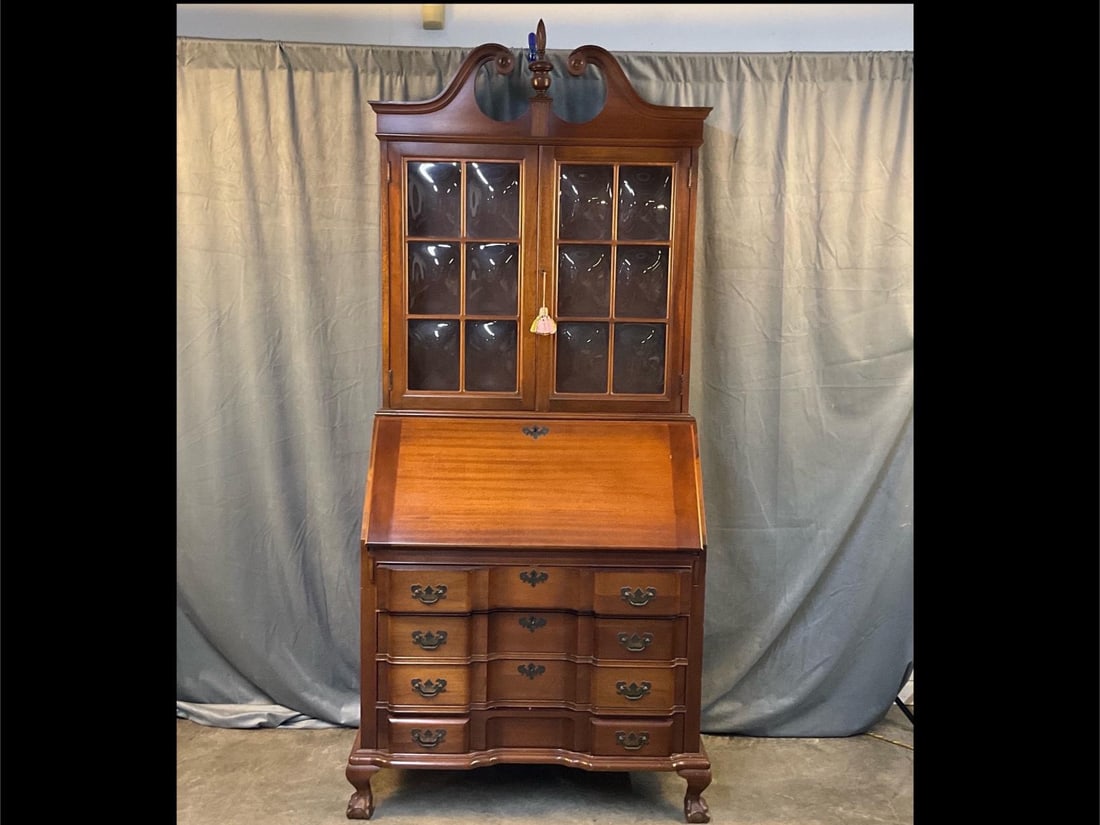 Secretary: Mid-20th century Chippendale Style Mahogany Four Drawer Secretary. Slant top front, block front, fitted interior, two upper shelves, cabriole legs with ball and claw feet, and working key. Good