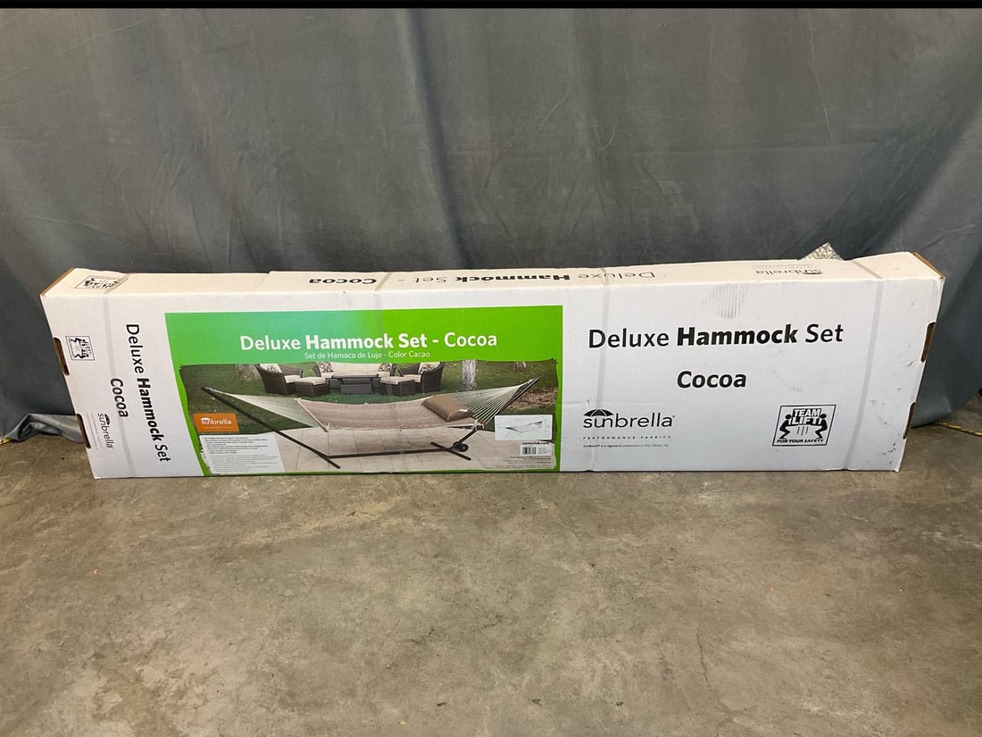 Hammock: Deluxe Hammock Set - Cocoa, unopened in original box. All-weather soft-spun Terylene rope. New condition. Box measures 71.5 inches wide x 6.5 x 71.5 inches tall.
