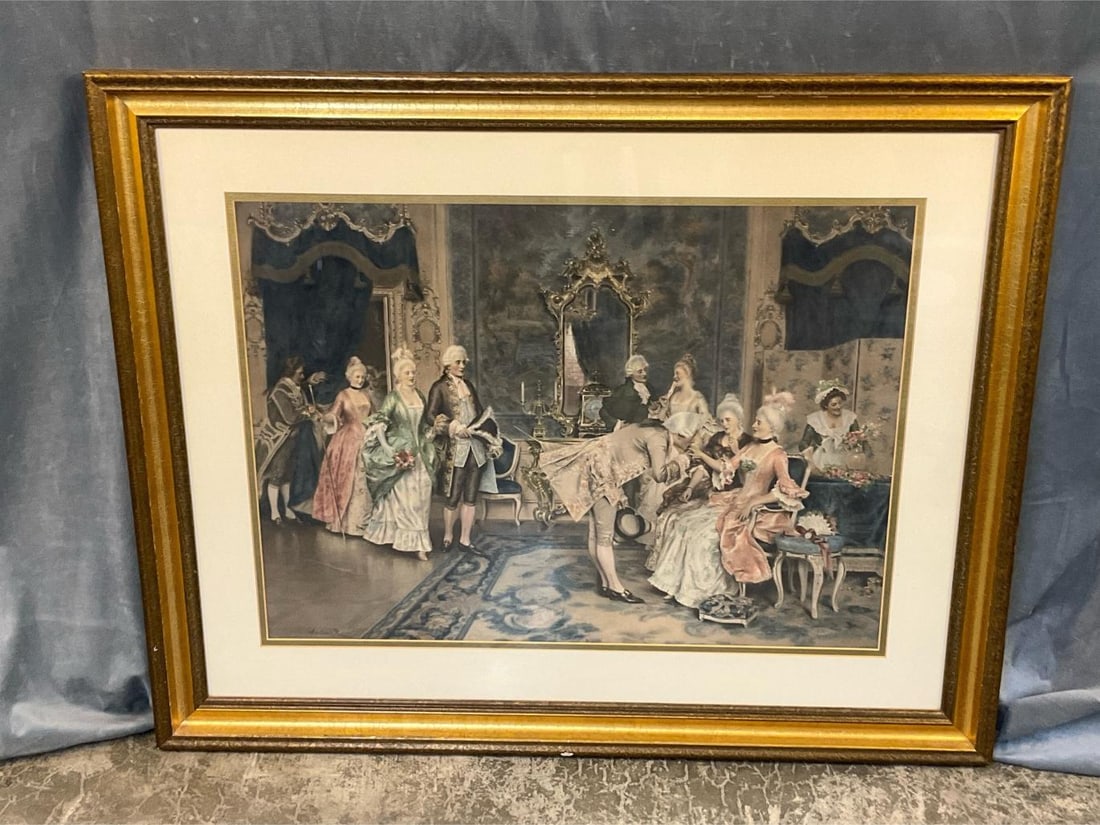 Lithograph: Early 20th century framed and matted lithograph after Arturo Ricci (Italian, 1854-1919), "The Reception ". Good condition. Measures 39 inches wide x 1.5 x 31 inches tall.