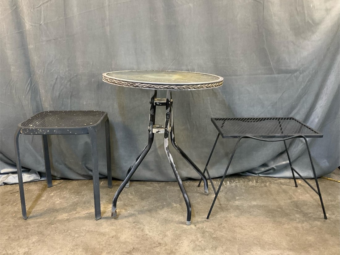 Outdoor Iron Table: Three late twentieth century Outdoor Iron Side Tables one with glass top. Glass top table top separated from base, all in outdoor used condition. Glass table measures 24.25 inches in diameter x 27.75