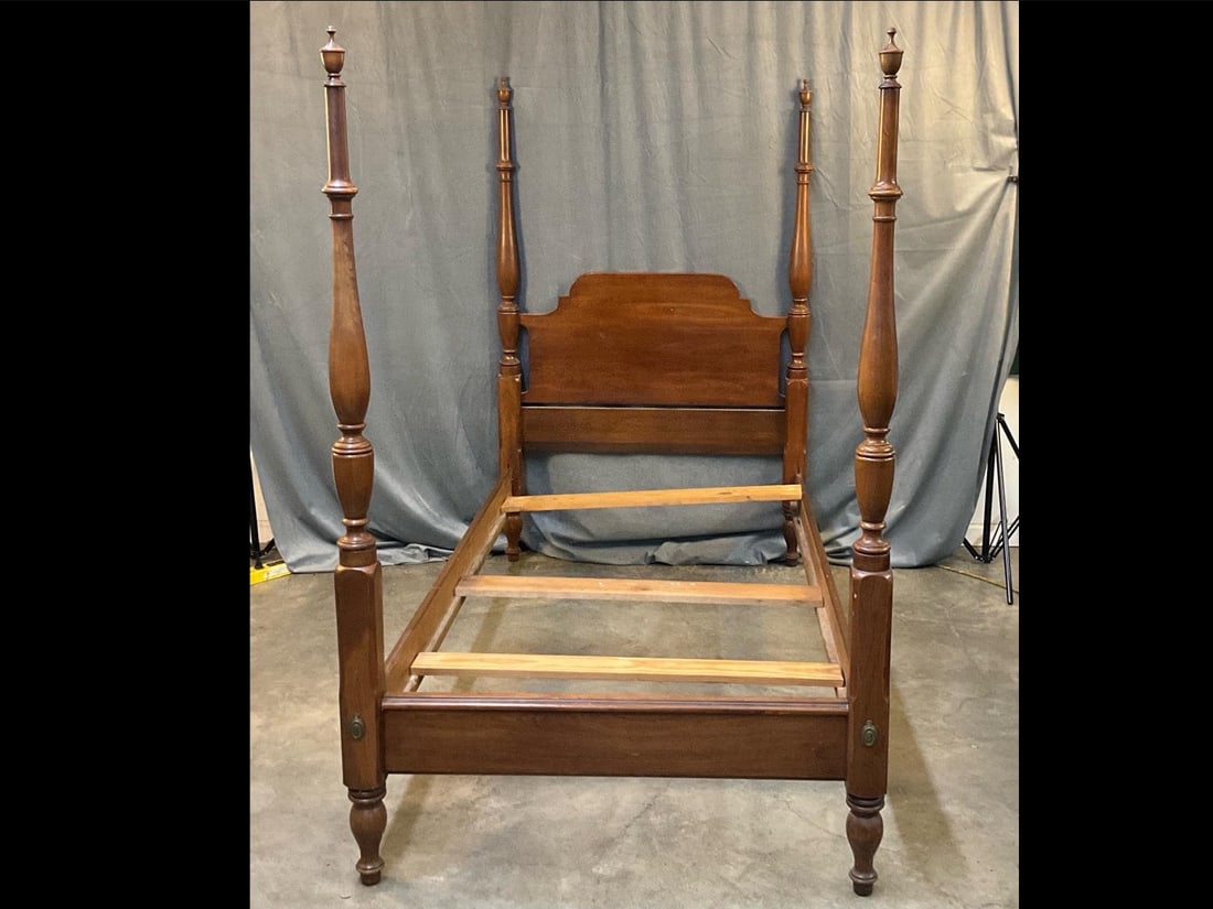 Henkel-Harris Bed: 1960's and 1970's single cherry high post bed with urn finials and three pine slats. Henkel-Harris. Split and repair to headboard post. Measures 76 inches wide (inside rails) x 39 inches (inside