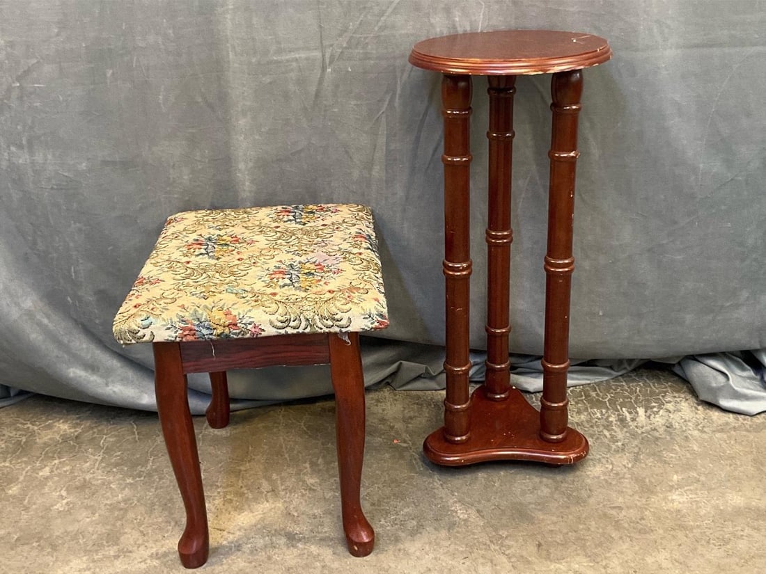 Pedestal/Stool: Late 20th century upholstered stool and mahogany three column pedestal. Scratches and spots to upholstery. Stool measures 18 inches wide x 14.5 x 16.25 inches tall.