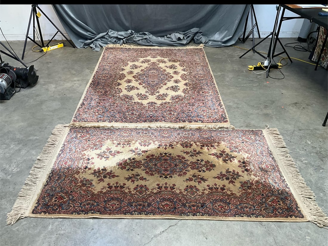 Persian Carpet: Two Mid-20th century Persian Style Carpets both in similar design and style. Both with some areas of UV fading and overall wear, otherwise usable condition. First carpet measures 79 inches x 52
