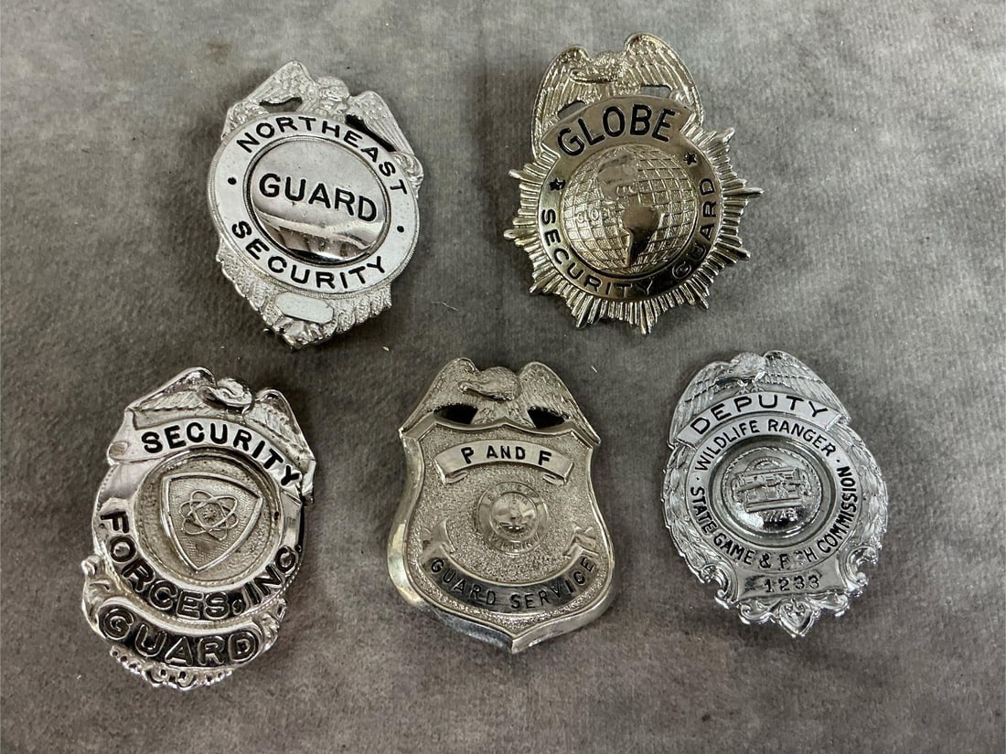 Wildlife Ranger & Security Badges: Five vintage badges. Security badges include Northeast, Globe, Forces, Inc, and P and F. Deputy badge for Wildlife Ranger and Fishing. All in good condition. Northeast measures 1.5 inches wide x 2.25 
