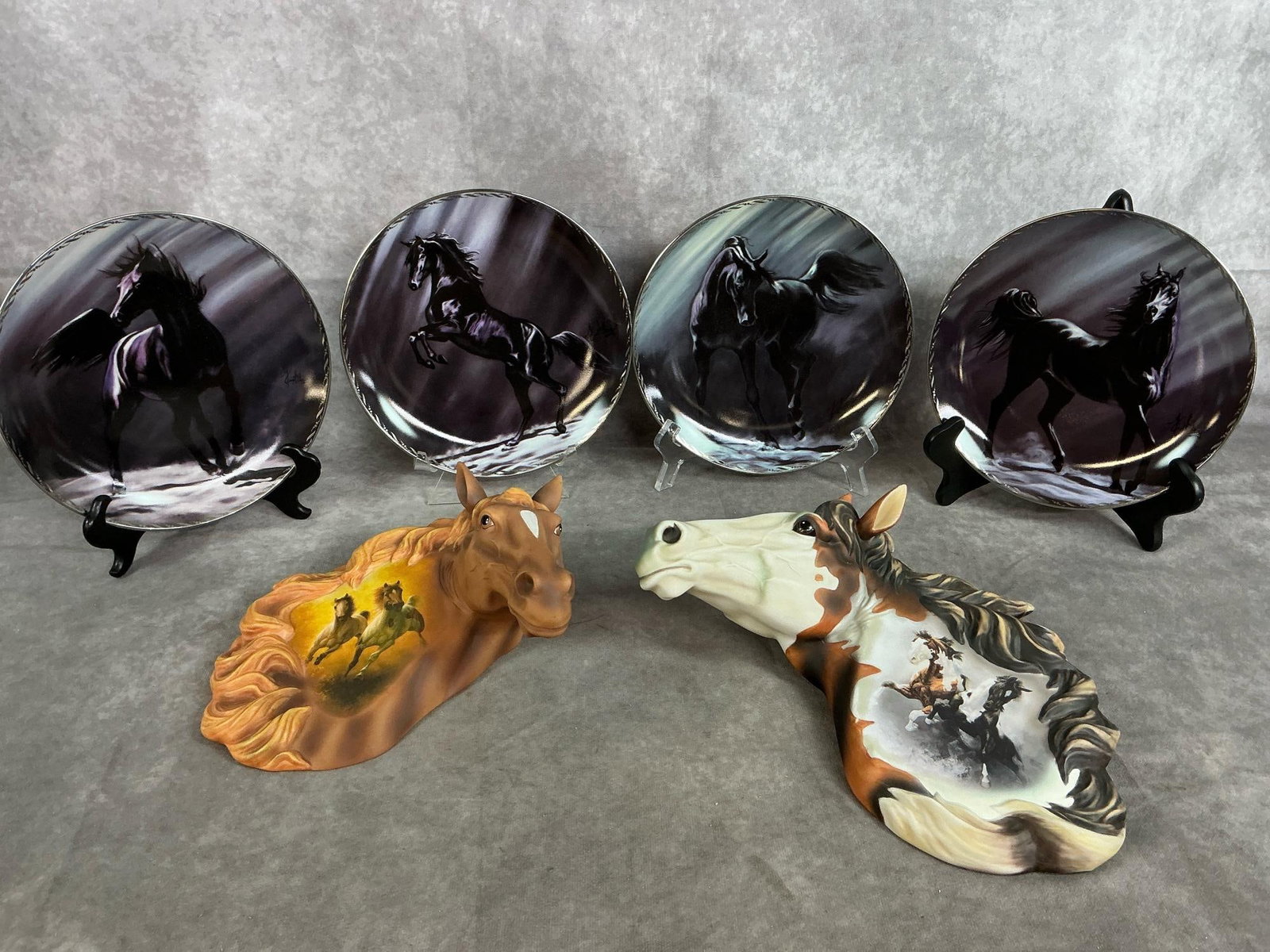 Bradford Exchange Plates & Horses: Six 1995-2005 Bradford Exchange collectibles. Includes horse heads, Desert Fury and Untamed Spirit by Chuck De Haan from 2005. Plates include Wild Spirit, Shadow Dance, Dark Splendor, and Midnight
