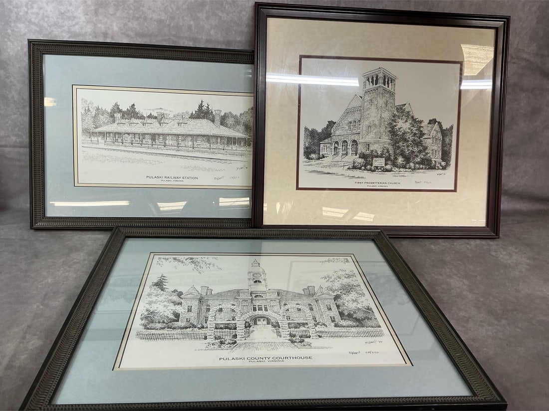 Pulaski County Courthouse, RR Station & First Presbyterian Church: Three 1994-1996 prints, matted and framed. Signed by B Hart Courthouse #58/250, First Presbyterian Church 25/250, and Railway Station 113/250. In good condition. Courthouse measures 22 inches wide x
