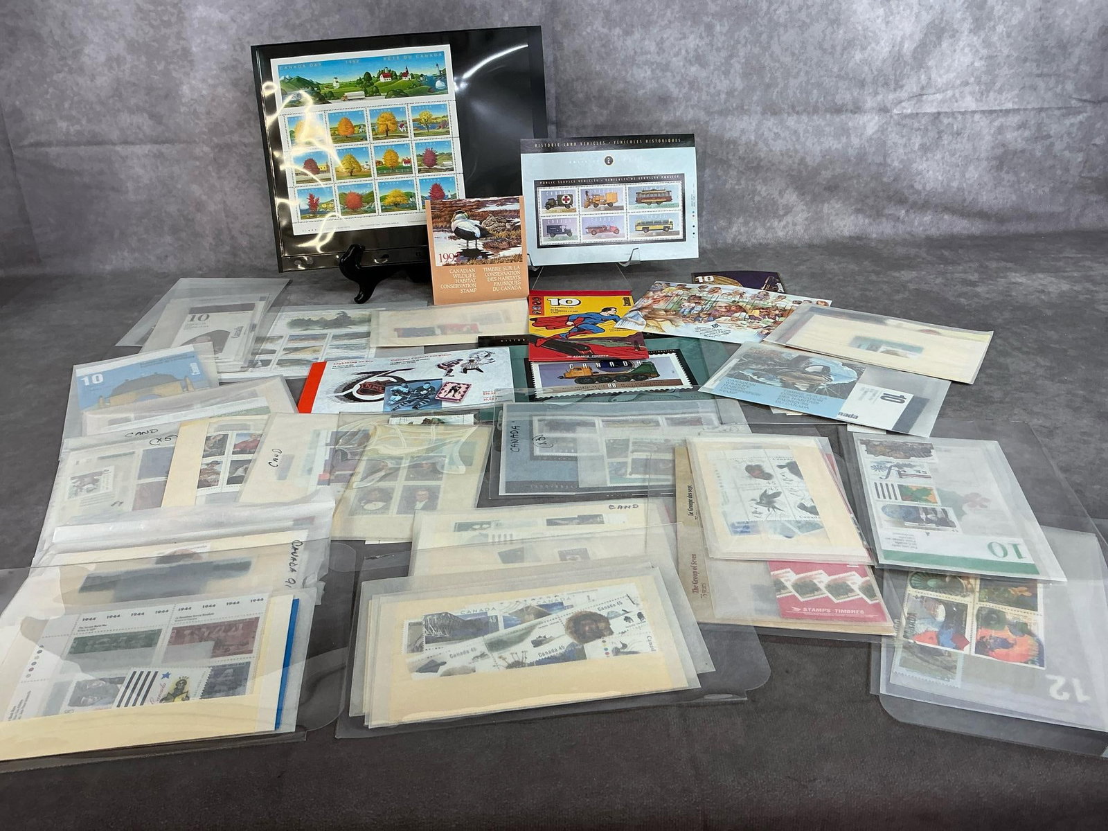 Collectible Stamps from Canada: Lot of late 1900's Canadian postage stamps. Large variety of postage stamps in varied denominations. Protected in plastic or glassine envelopes. Average envelope measures 6 inches wide x 3.5 inches