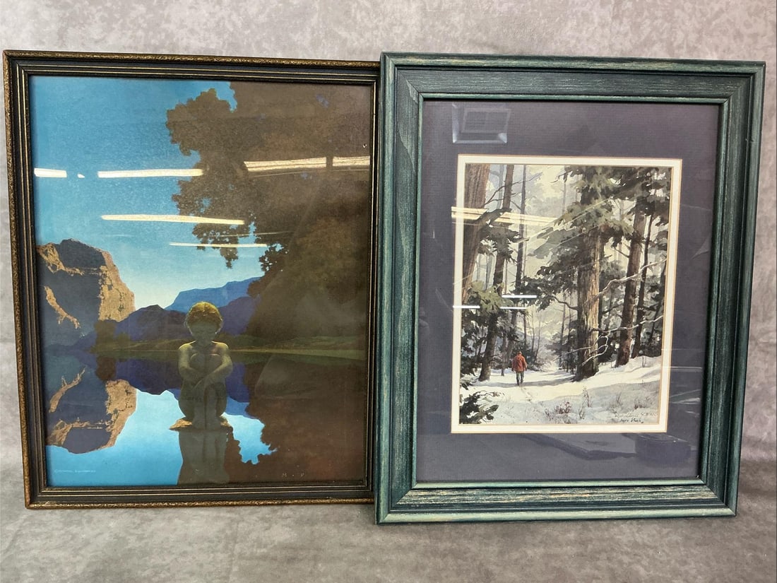 Winter Scene & Evening Scene: 1922 print "Evening" by Maxfield Parrish and late 1900's Winter landscape print from watercolor by Joyce Steele #42/200. In good condition. Winter measures 13.5 inches wide x .75 x 17 inches tall.