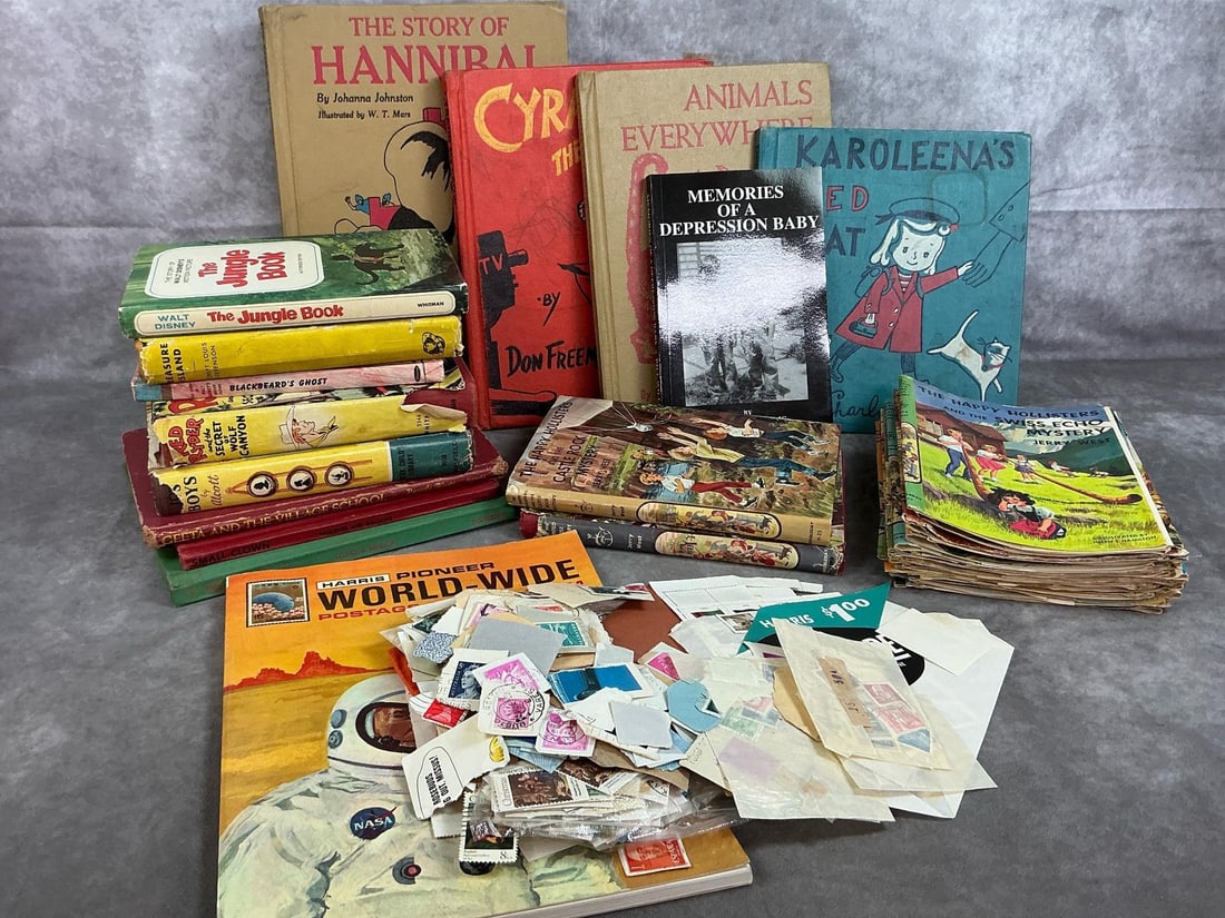 Children's Books & Stamp Collection: Sixteen books and twenty-two covers, plus stamps and book from mid to late 1900's. Two Happy Hollisters books with covers, Red Ryder, Treasure Island, and more. Harris Pioneer World-Wide stamp album
