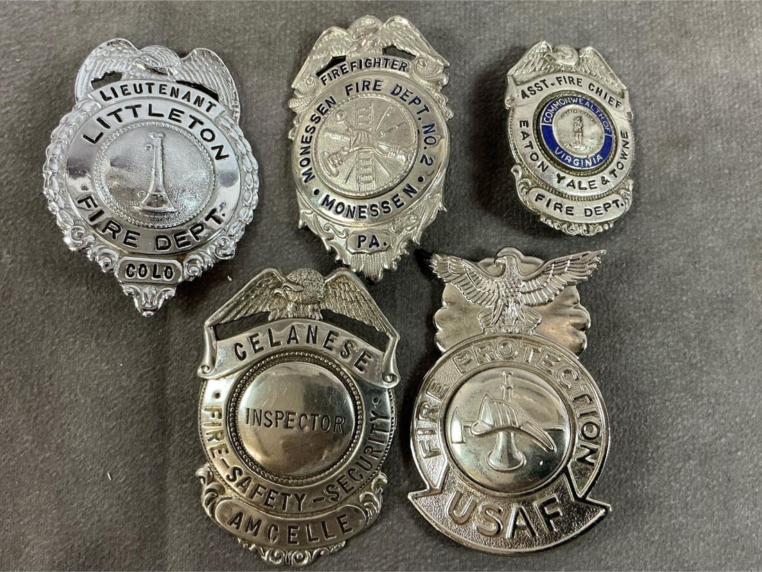 Fire Department & Celanese Badges: Five vintage badges. Littleton CO, Monessen, PA, Eaton, Yale & Towne, Va , and USAF Fire Departments. Also Celanese Fire-Safety Inspector. All in good condition. Littleton measures 2 inches wide x 2.5