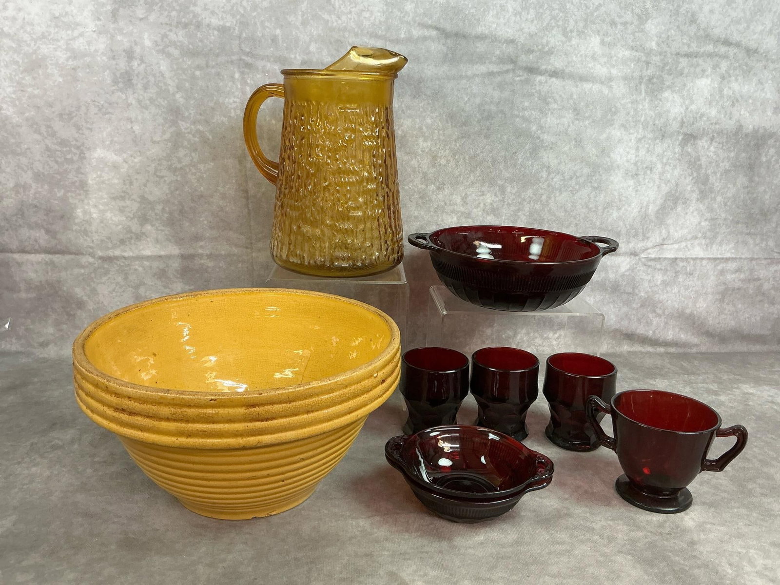 Mixing Bowl, Amber Pitcher & Ruby Red Glassware (1 of 10)