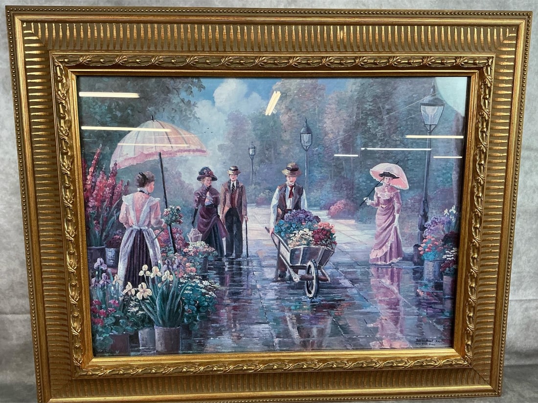 Flower Market & Ducks Pictures: Two late 1900's framed prints. "By God's Grace" or Flower Market by Betty Hebert-Felder in ornate gold tone frame. "Ducks" phone book photo framed with green and tan matting. Both in good condition.