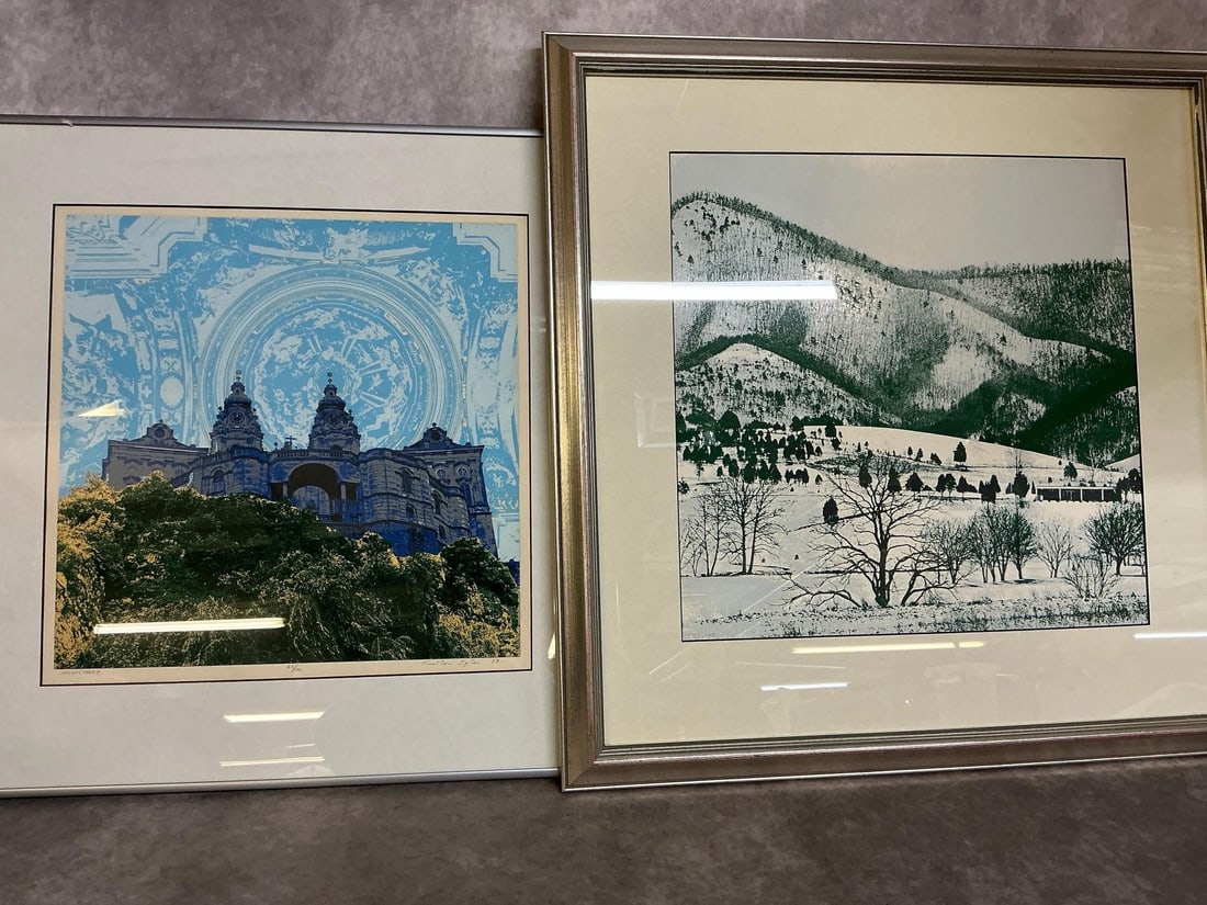 Monastery & Snowy Landscape Prints: Two late 1900's framed prints. Blue and green "Monastery" by Roalton Tyler marked 62/100. Photographic print of snowy landscape and mountains by Collier. In good condition. Collier print measures 24
