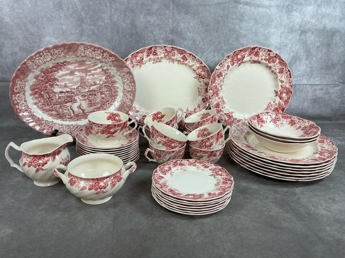 Strawberry Fair Dinnerware: Forty-two early to mid 1900's dinnerware. "Memory Lane" Country scene pattern platter by British Anchor. Strawberry Fields pattern by Johnson Brothers of England includes 8 plates, 11 saucers, 9