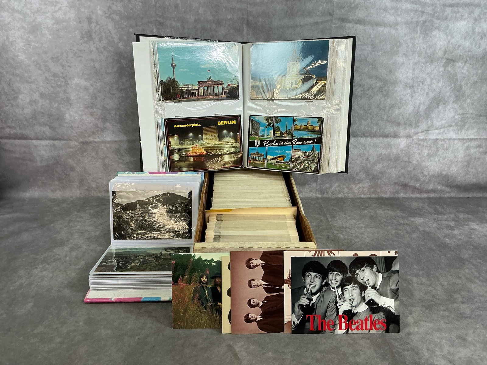 Vintage Postcards: Well over 700 vintage postcards including Valentine Museum Richmond, VA, Berlin, The Beatles, and spas around the world. Box is full of duplicates of only four cards. Most are uncirculated, good