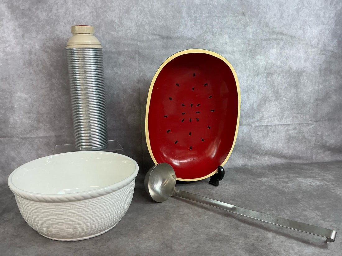 Bowls, Thermos & Ladle: Four mid to late 1900's items. Wooden painted watermelon bowl from the Philippians, white basket weave ceramic bowl by Home Trends, Amco stainless ladle, and aluminum quart size Thermos bottle. Items