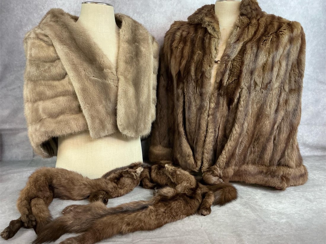 Mink Stoles: Three mid 1900's mink wraps. Long waist length cape has slits for hands, blonde mink stole, and scarf of three minks including their heads, paws, and tails. Stoles appear to be small to medium in