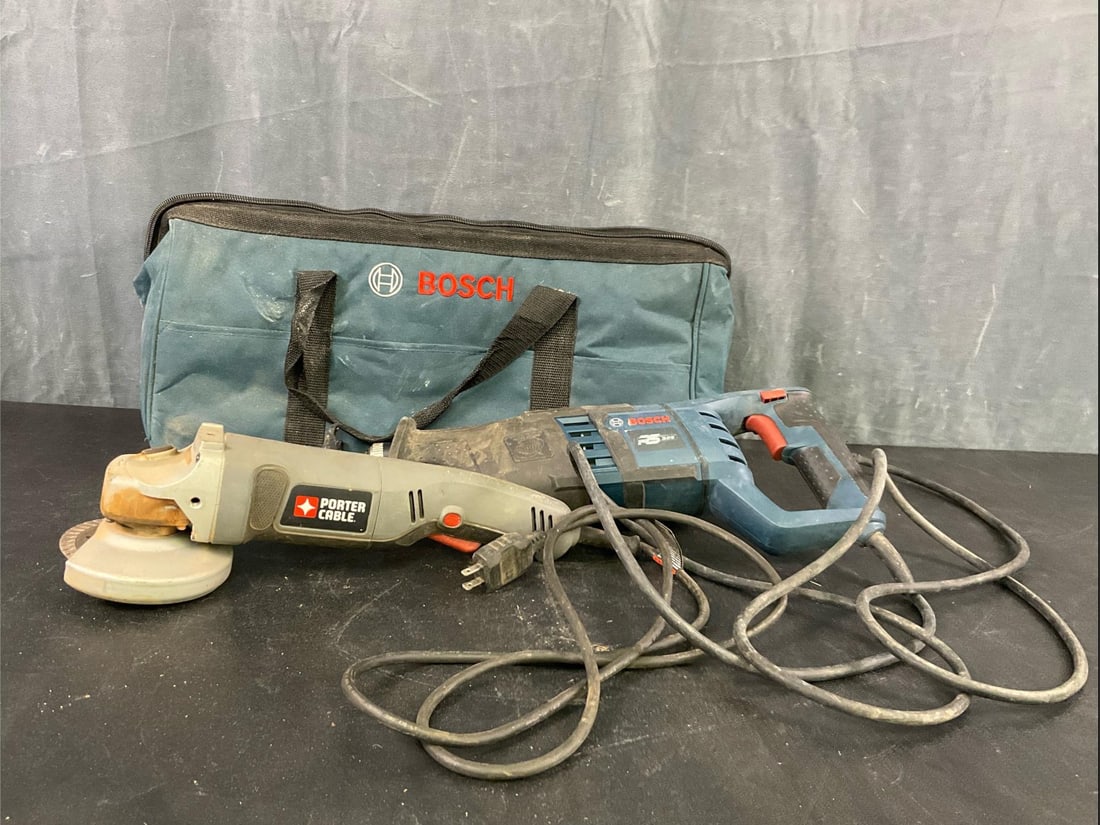 Grinder/Reciprocating Saw: Lot of two circa 2010 Power Tools. One Bosch Reciprocating Saw Model RS 325. One Porter Cable Electric 4.5 Inch Grinder Model # 750AG. Includes Bosch carry bag and several used saw blades. Both in