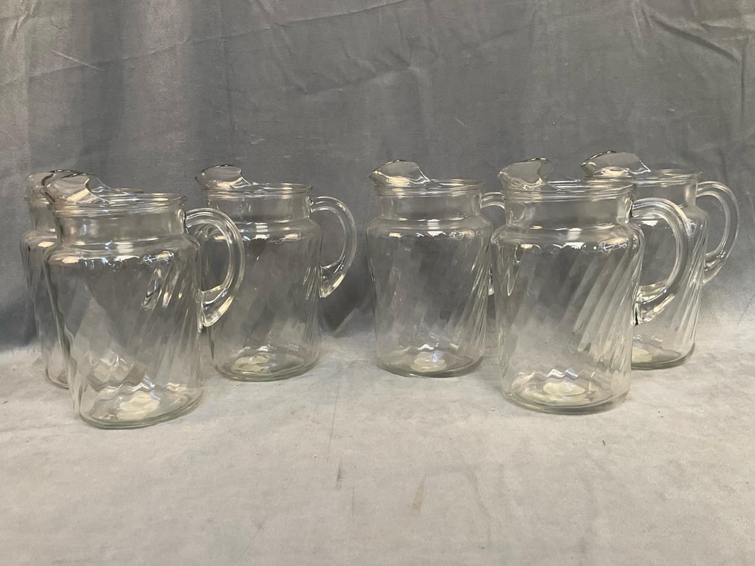 Indiana Glass Pitchers: Lot of six Indiana Glass "Optic Pitcher 80 Oz. Item #4241” "new old stock” pitchers with original stickers on bottom and original box. Good unused condition. Measures 4.75 inches in