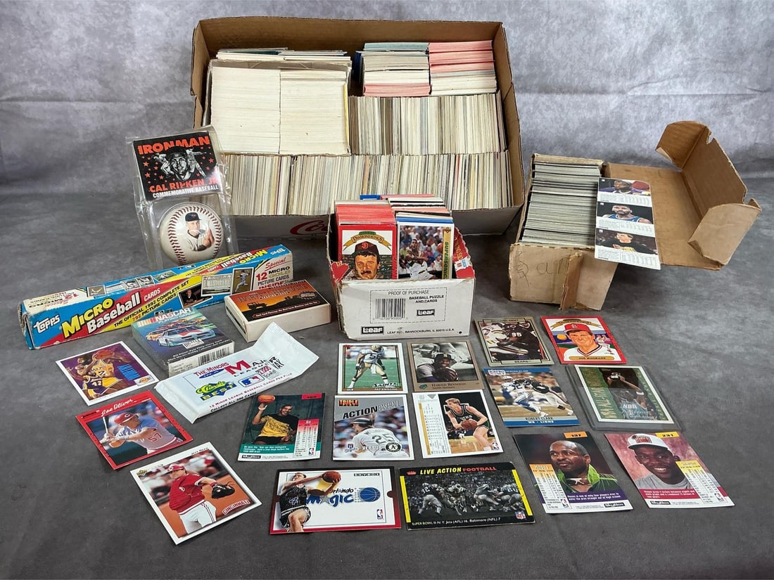 Huge Lot of Sports Cards: Hundreds of sports cards from 1980's to 2000. Includes baseball, basketball, football and more. Brands include Topps, Fleer, Leaf, Donruss, Upper Deck, Skybox, and more. Topps Micro Baseball 1992