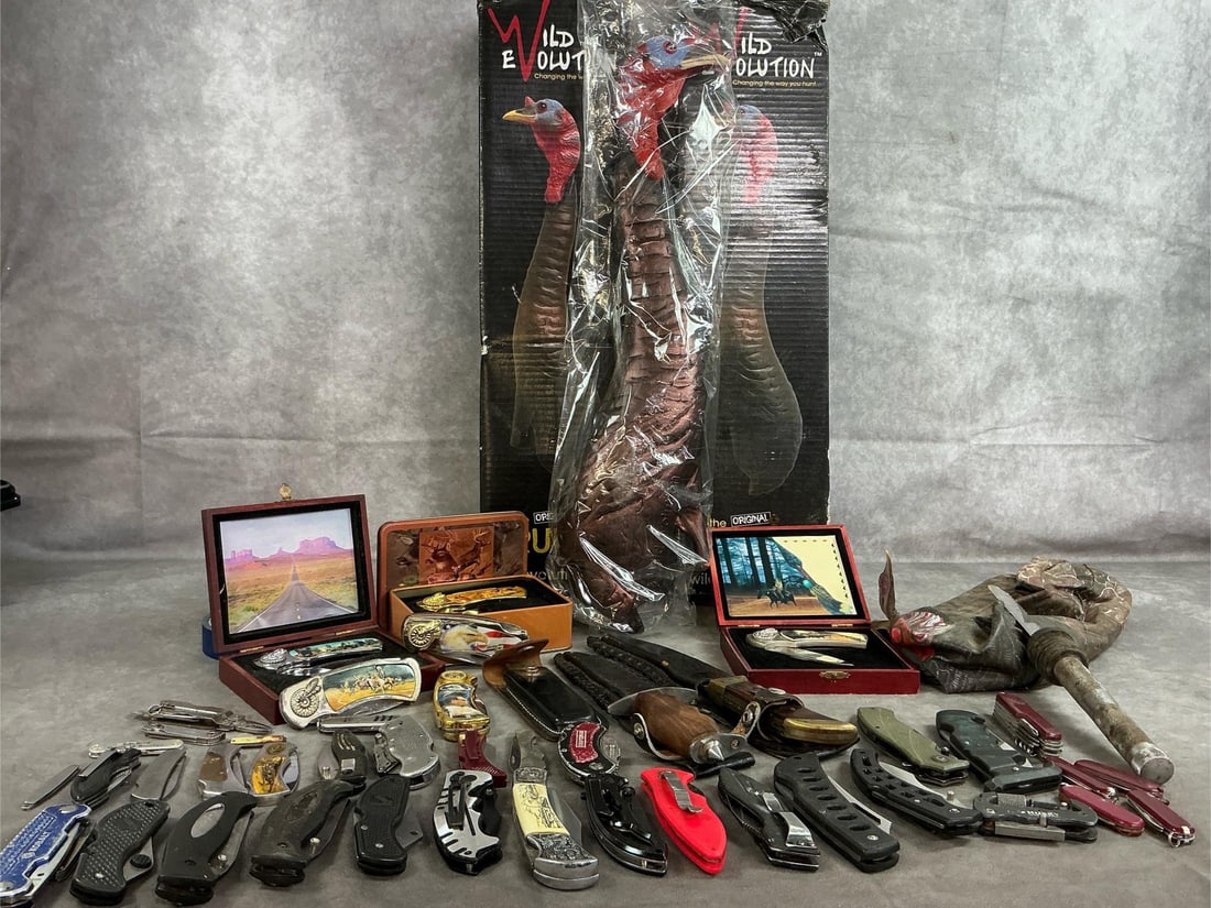 Pocket Knives and Turkey Decoys: Forty knives and three decoy turkeys from late 1900's to early 2000's. Wild Evolution "the runt" turkey decoys, three boxed decorative pocket knife sets, hunting knives in sheaths, and lot of pocket