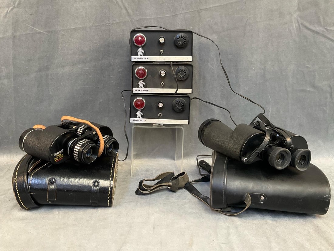 Radar Detectors/Binoculars: Lot of two circa 1970's binoculars and three radar detectors. Three "Bearfinder” detectors, not tested. One Tasco Binoculars Model # 102 / 6x-12x32, Full viewing at ten power. One Bushnell