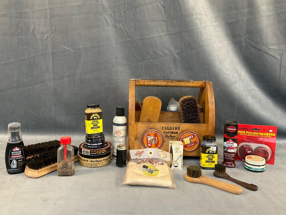Vintage Shoe Shine Kit: Mid-20th century wooden Esquire Footman DeLuxe Shoe Shine Carry Kit with shoe maintenance accessories. Contains; Kiwi Saddle Soap, polish, dressing, crème, cloth, shoe polish daubers, and brushes