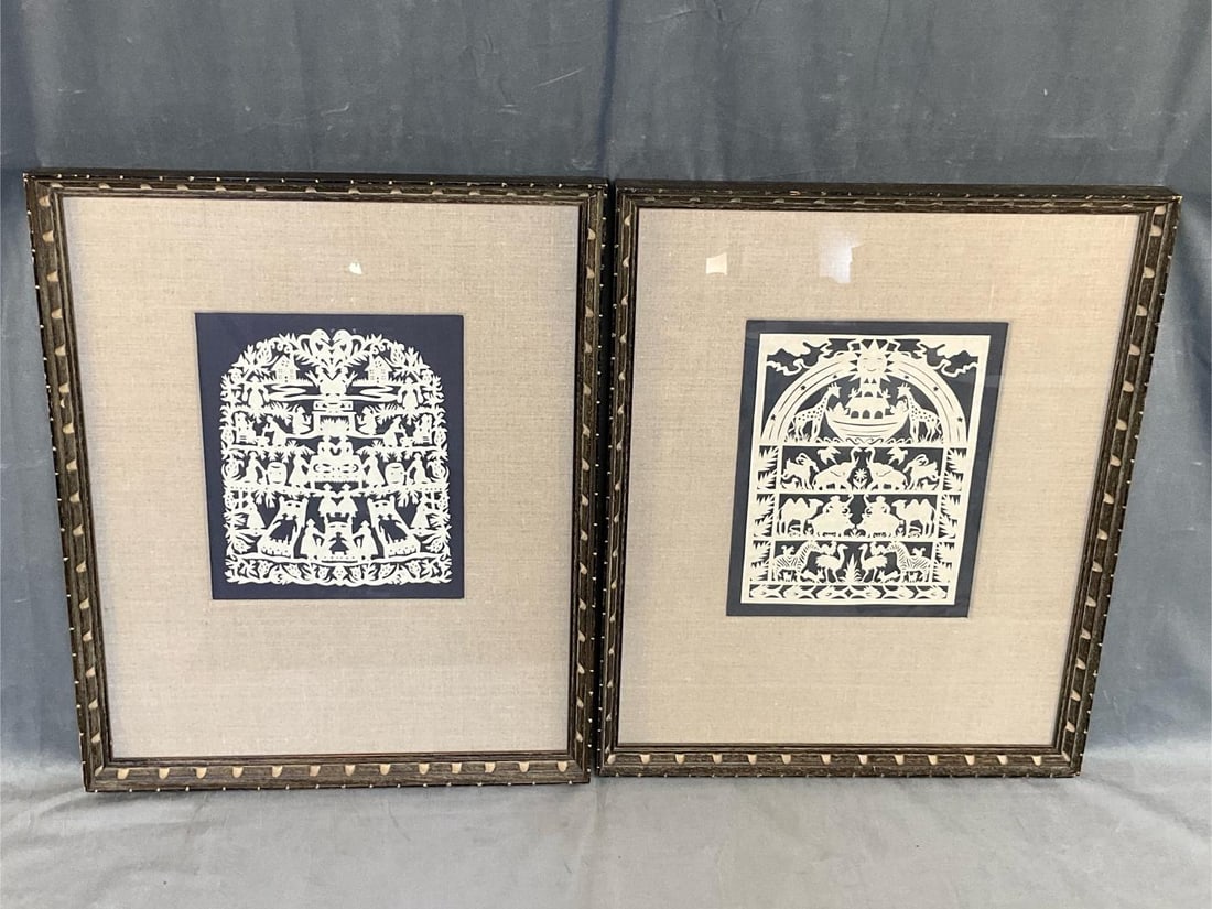 Paper Cut Out Pictures: 1997 Pair of Scherenschnitte Framed Paper Cut Out Pictures. One cut out depicting a Noah's Ark motif, and one depicting a Halloween motif. One signed with an illegible signature and "97”. Good