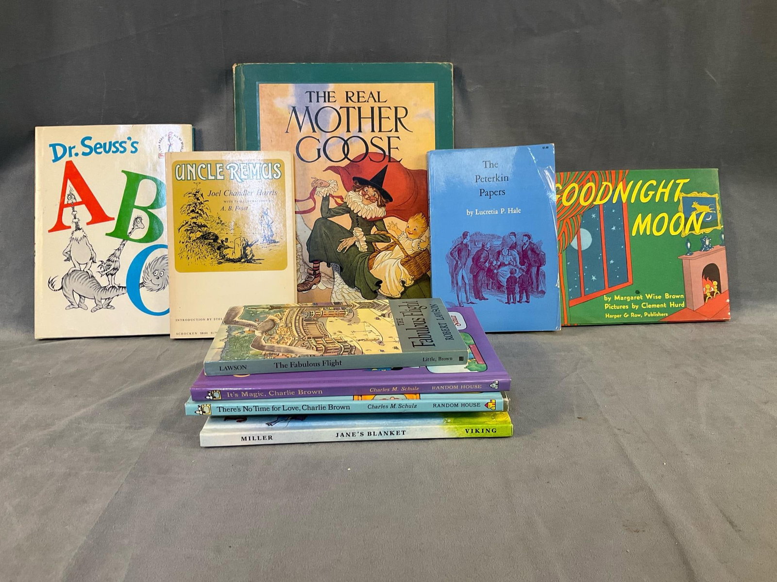Classic Children's Books: Lot of ten mostly 1960's children's books. Including; The Real Mother Goose, Goodnight Moon, Dr. Seuss's ABC, Uncle Remus by Joel Chandler Harris with illustrations by A.B. Frost, Charlie Brown,