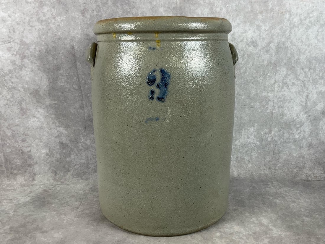 Virginia Stoneware Crock: Circa 1870 Virginia/Maryland three gallon salt glazed stoneware crock with lug handles and cobalt ""3". Good condition. Measures 9 inches in diameter x 12.25 inches tall.