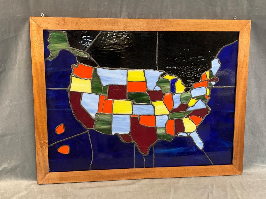 Stained Glass U.S.A. Map: Circa early 2000's Stained Glass Framed Hanging Window Map of U.S.A.. Illegible signature etched on the lower section of Alaska, probably Artist Brenda Thomas. Two cracks above the Great Lakes, otherw