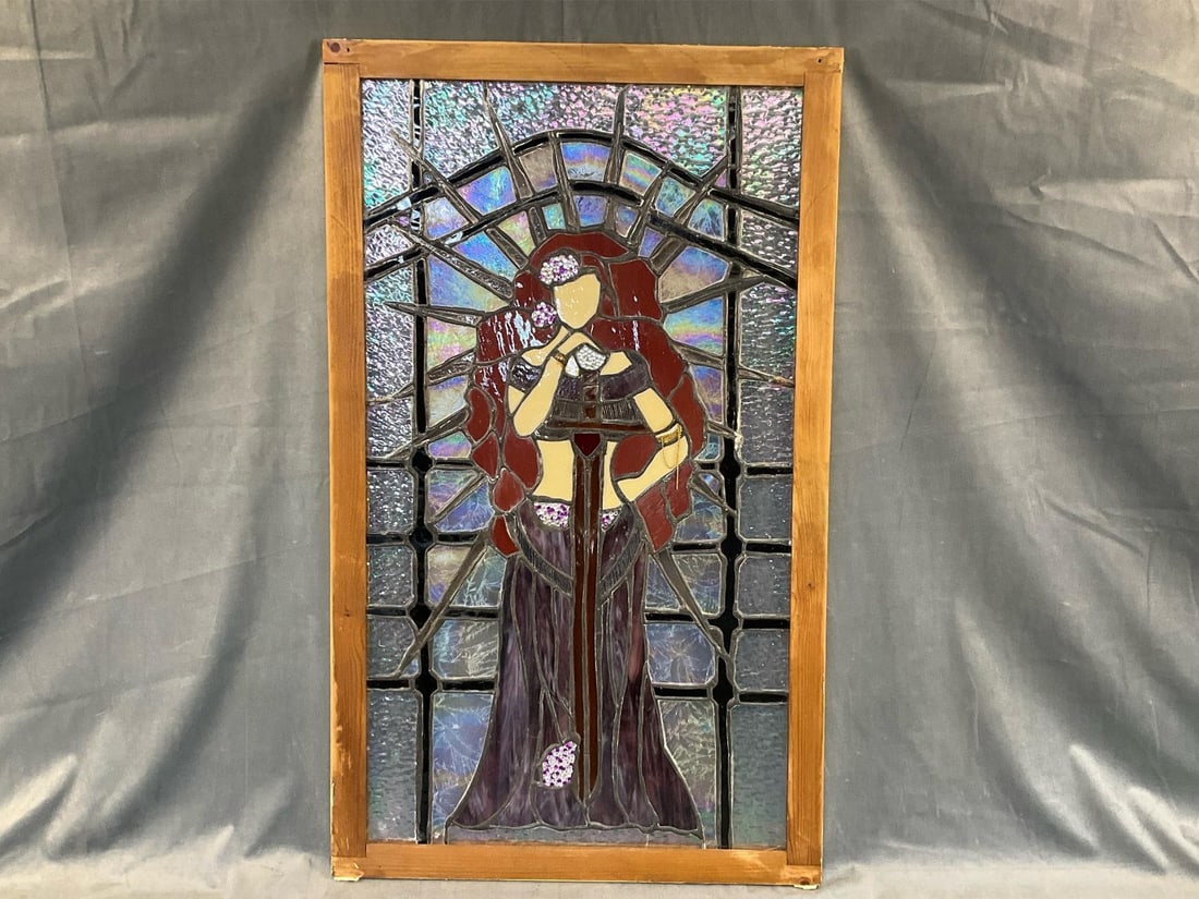 Stained Glass Framed Woman: Circa early 2000's Stained Glass Framed Hanging Woman in the Art Nouveau Style. Not signed , probably artist Brenda Thomas. Two small cracks to glass upper left corner, otherwise good condition. Measu