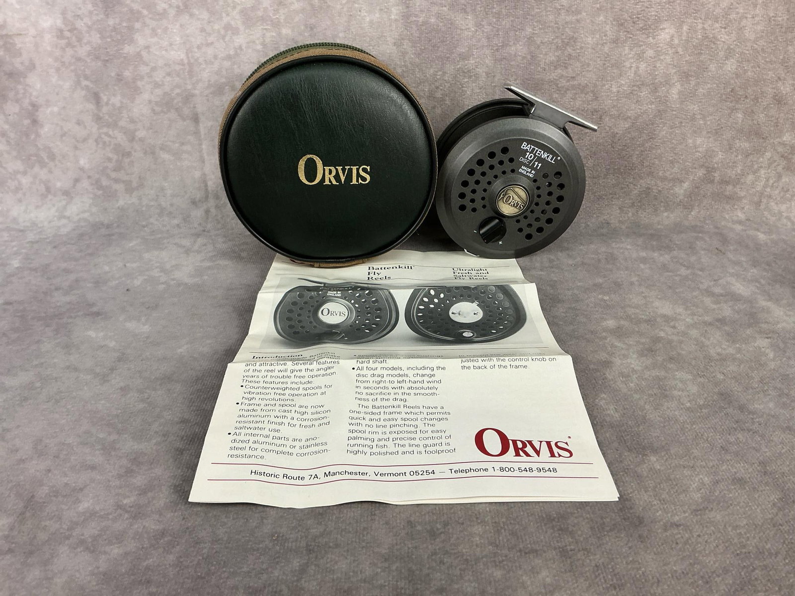 Orvis Battenkill Reel: 1980s/1990s Orvis Battenkill 10/11 fly fishing reel with booklet and carrying case. Made in England. Appears unused and in good condition. Case measures 5 inches in diameter x 3 inches tall.