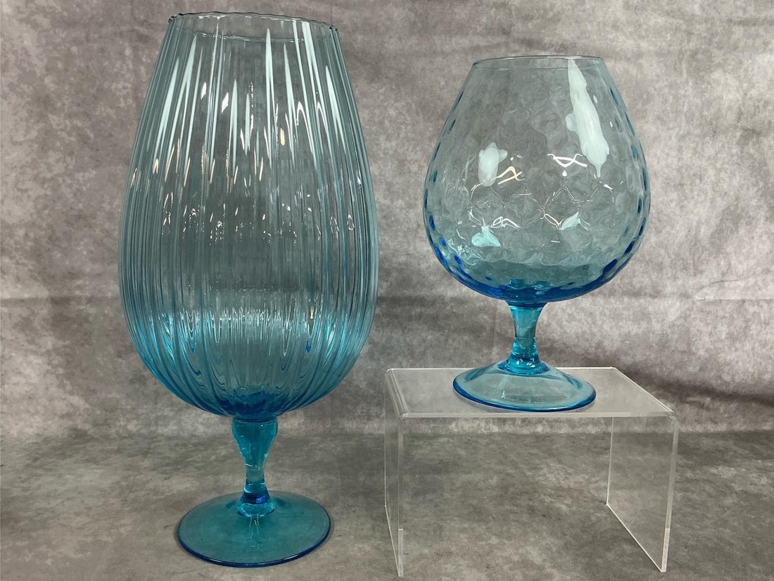 Blue Empoli Glass Vases: Two mid 1900's Italian Empoli glass vases. Aqua blue optic glass and ribbed glass ""brandy snifter" vases. In good condition. Largest measures 6.5 inches in diameter at middle x 14.25 inches tall.