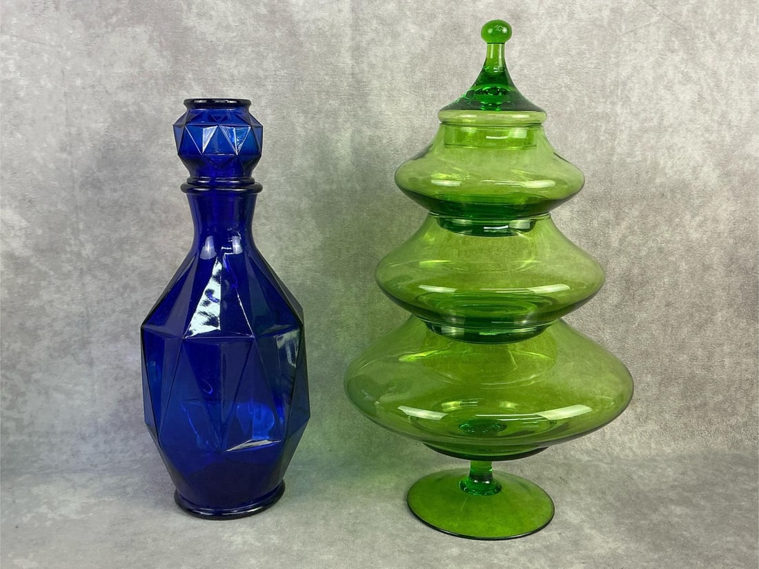Blue Decanter & Green Stacking Dish: Four mid 1900's Empoli style glass. Cobalt blue decanter and green ""Christmas tree" stacking pedestal dishes. All in good condition. Blue decanter measures 3 inches in diameter at base x 10.5 inches