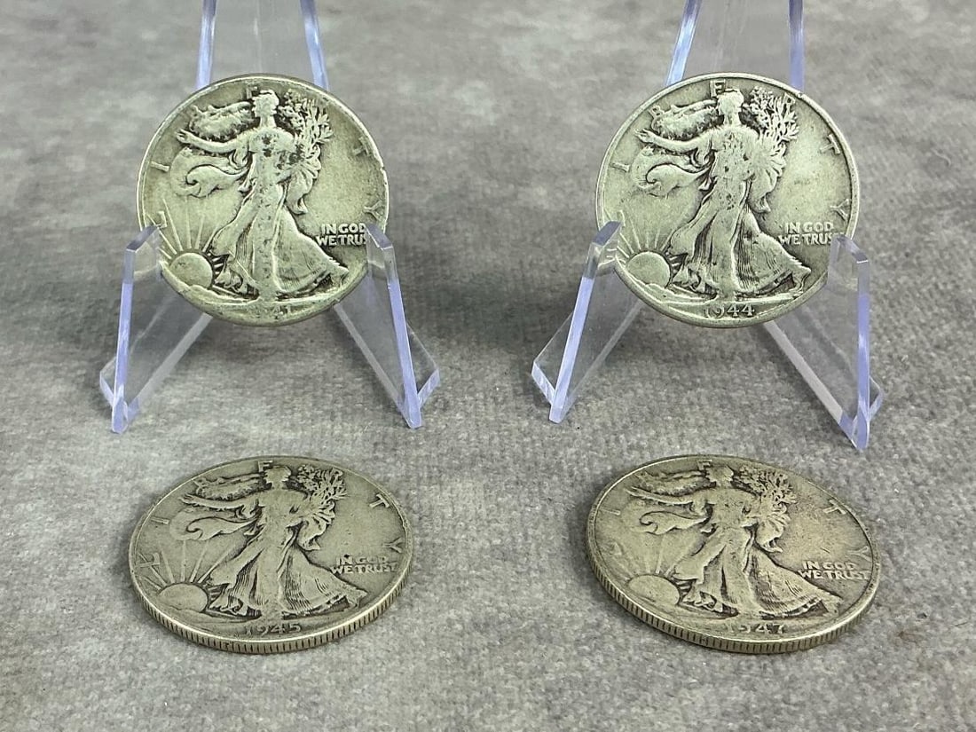 Walking Liberties: Four United States Walking Liberty Half Dollars dating from 1941 to 1947. All in good circulated condition. Total weight 1.57 ozt.