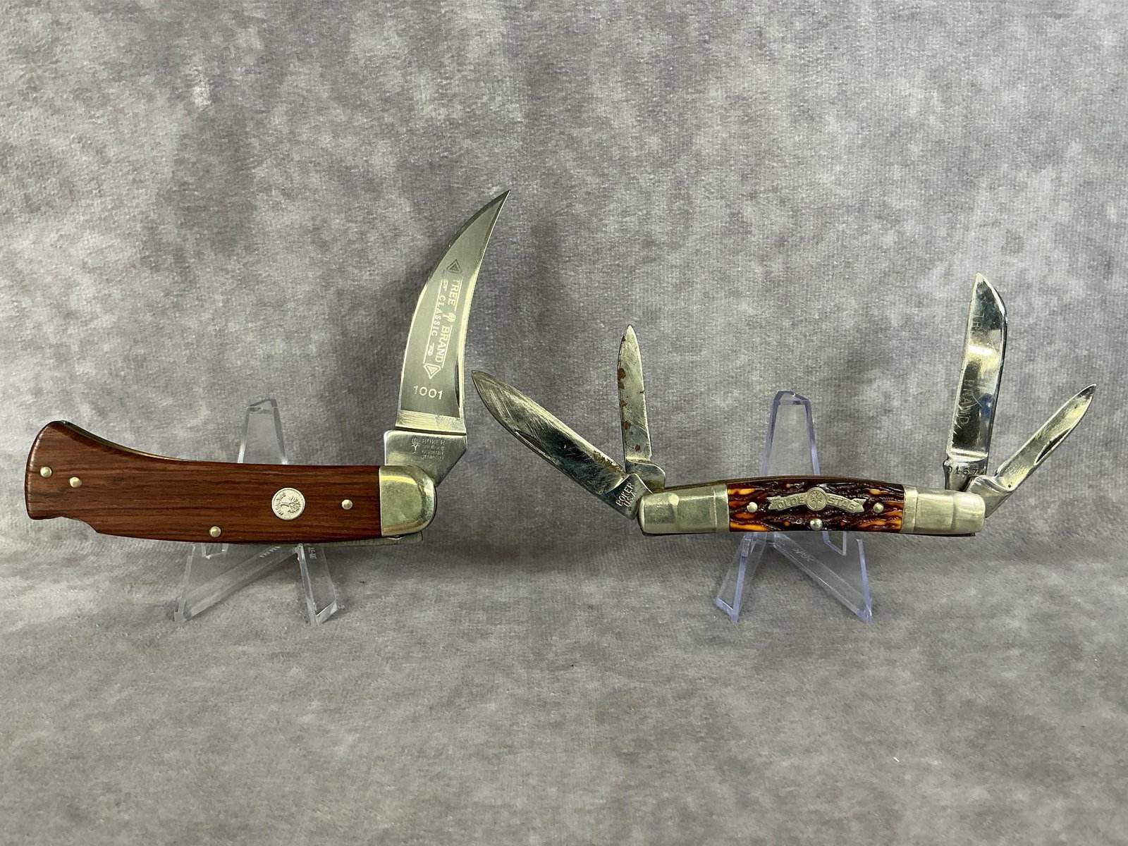 Boker Tree Brand Knives: Tree Brand Classic single blade pocket knife, blade marked Boker Solingen Germany Stainless number 1001. Boker tree brand ""Olde Stag" four blade pocket knife, blade marked Boker USA number 01674 and