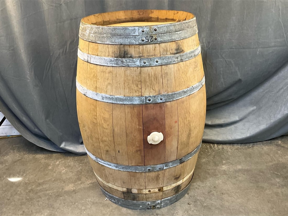Tonnellerie Gillet Wine Barrel: Contemporary circa early 2000's white oak staved and metal banded Tonnellerie Gillet French wine barrel. Marked ""SA Tonnellerie / Gillet / Pere et Fils / France / 21190 ST Romain". Good used