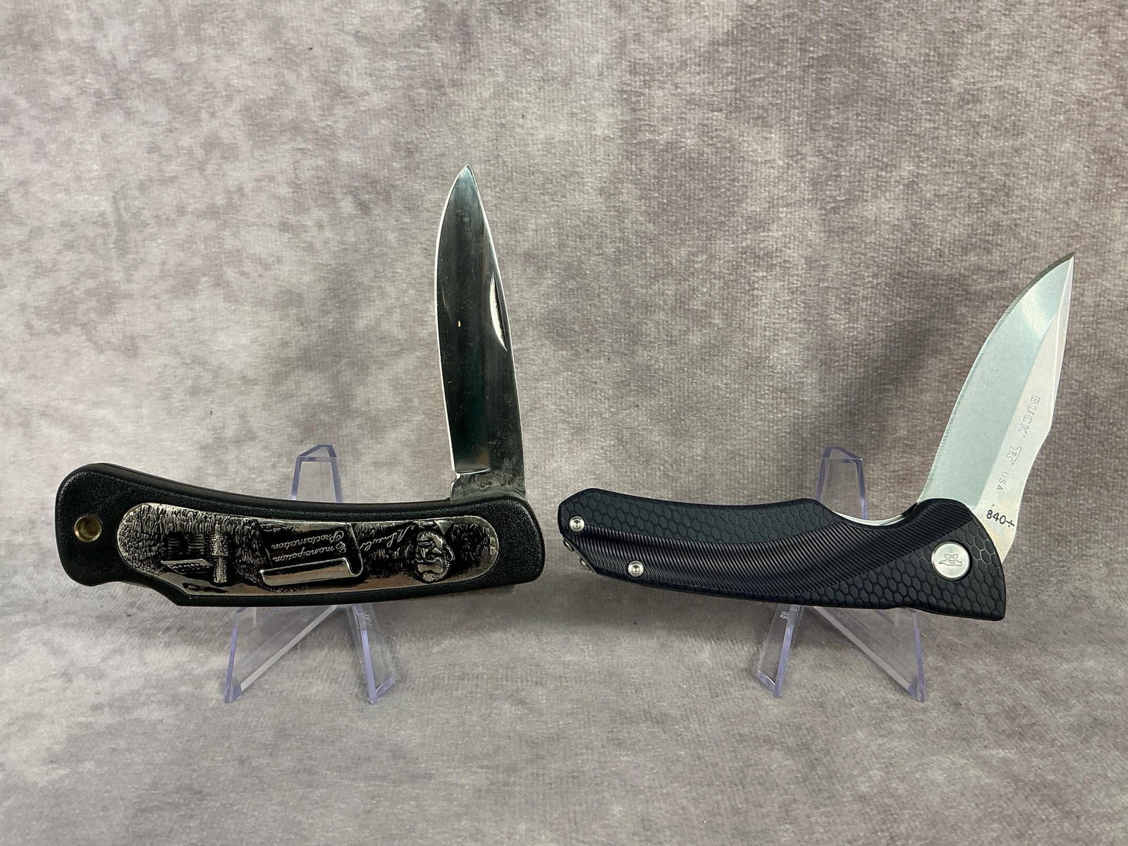 Pocket Knives: Buck USA 840 with blue plastic handle. Honest Abe surgical steel black plastic handle knife. Both in used condition, Honest Abe has a crack in handle. Each one measures 4.5 inches long closed.
