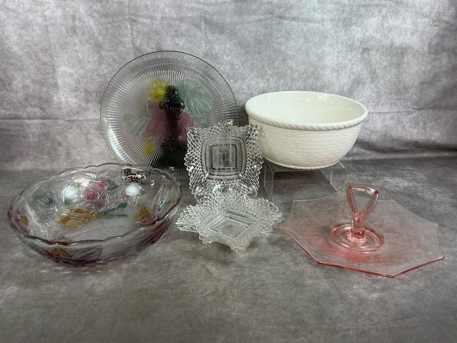 Jeannette Glass, Indiana Glass, & More: Seven early to late 1900's serving glassware. Octagonal pink Jeannette glass serving tray with handle, three small Indiana glass candy dishes, large multicolored fruit bowl and tray, and large white b