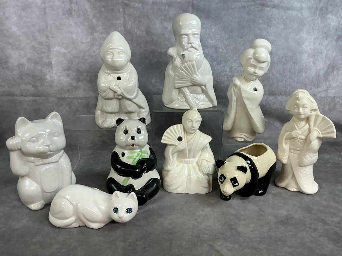 Tiki Mugs & Figurines: Nine mid to late 1900's Chinese collectible tiki mugs and figurines. Includes Benihana geisha girl, panda planter and crouching cat. Some crazing on panda and cat figures, otherwise in good