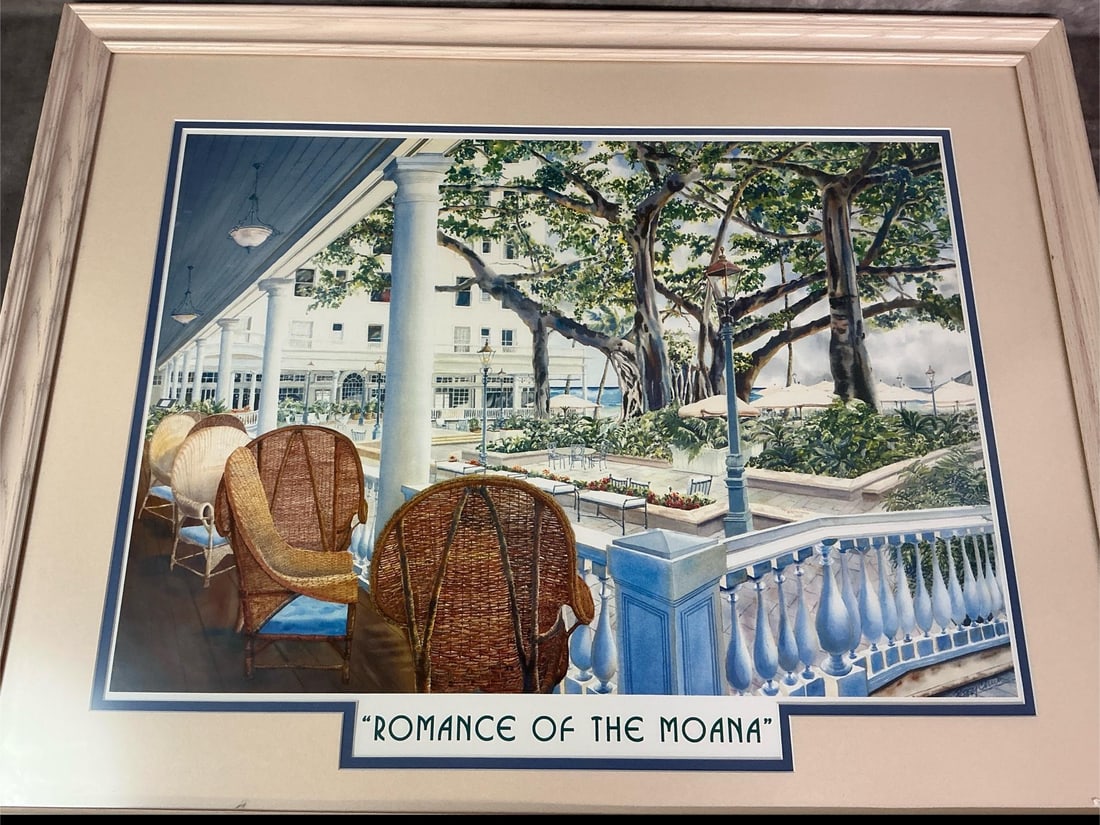 Romance of the Moana Print: "Romance of the Moana" watercolor features the Moana Hotel in Waikiki Beach in Hawaii. Print by artist, Peggy Chun. In good condition. Measures 31 inches wide x 1 x 20 inches tall.