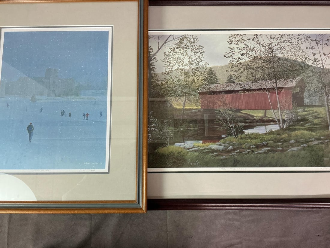 Robert Tuckwiller Prints: Two Tuckwiller prints matted and framed. "Through the Years" painting of Burress Hall at VA Tech numbered 523/1000. Also "Hoke's Mill Bridge " numbered 335/500. Both signed by artist and in good condi